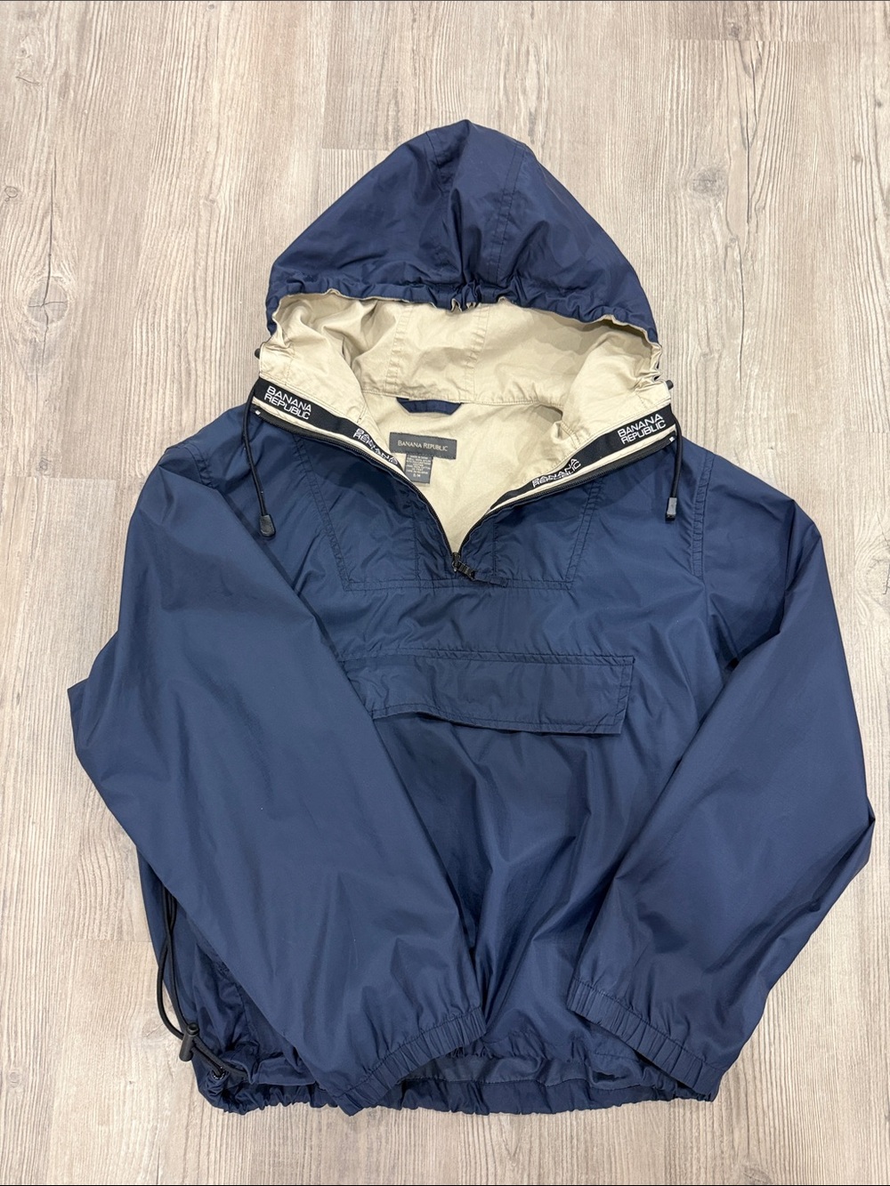 Banana Republic Navy Hooded Pullover Anorak with Cream Lining Windbreaker